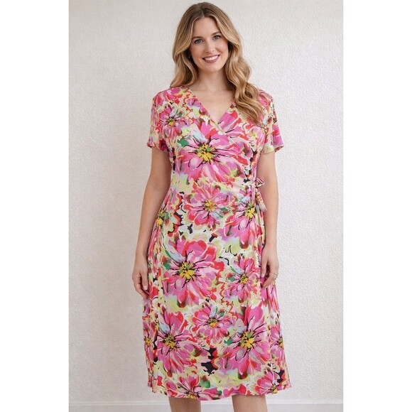 Fashion Bug Dresses & Skirts - Fashion Bug Y2K Pink Floral Wrap Dress Womens Size XL Midi Cottagecore Boho Vtg